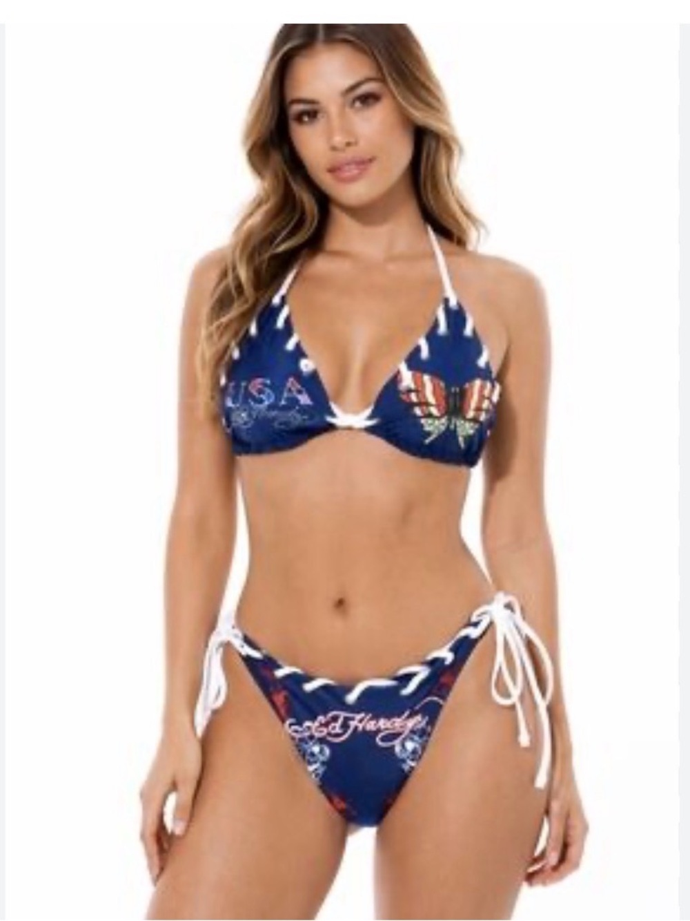 NWT Ed Hardy Navy Blue Lace-Up Triangle Bikini with White Trim Large